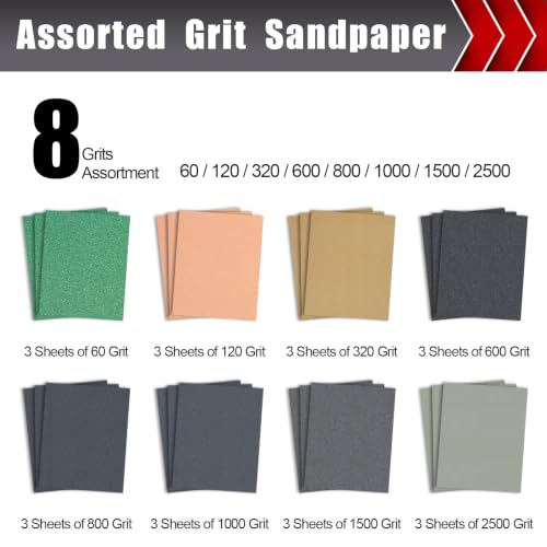 24 PCS 9" x 11" Wet Dry Sand Paper Assortment for Wood Metal Automotive (24 Count)