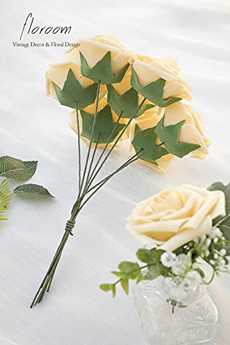 Artificial Flowers 50pcs Real Looking Creamy Yellow Foam Fake Roses with Stems for DIY Wedding Bouquets Bridal Shower Centerpieces Floral Arrangements Party Tables Home Decorations (50 Count)