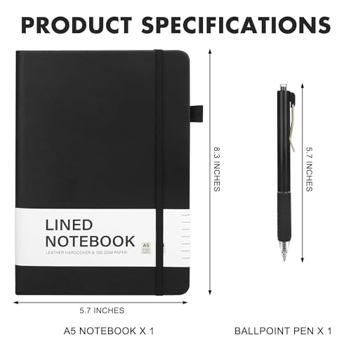 1 Set Lined Notebook Journal with Pen A5 Notebooks 100 GSM College Ruled Hardcover Notebook PU Leather Notepad with Pen Holder for Office School