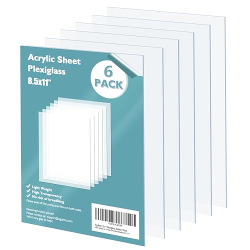 Plexiglass Sheets Acrylic Sheets 6 Pack of 8.5x11’’ 0.04 Thick Clear Plastic Cast Transparent Plexi Glass for Crafting Projects (6 Count)