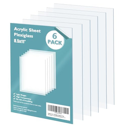 Plexiglass Sheets Acrylic Sheets 6 Pack of 8.5x11’’ 0.04 Thick Clear Plastic Cast Transparent Plexi Glass for Crafting Projects (6 Count)