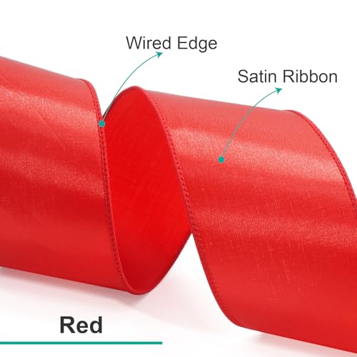 Satin Wired Ribbon 2.5 Inch x 20 Yards Red for Christmas Home Décor Gift Wrapping Tree Topper Bow Wreath DIY Crafts (60 Foot)