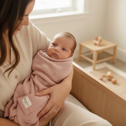 100% Luxury Organic Cotton Pointelle Knit Baby Quilt Blanket for Girls