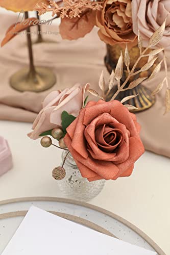 Artificial Flowers 25pcs Real Looking Terracotta Ombre Colors Foam Fake Roses with Stems for DIY Wedding Bouquets Bridal Shower Floral Centerpieces Party Tables Home Decorations (25 Count)