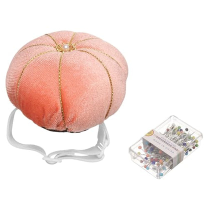 Wrist Pin Cushion Wristband Sewing Pincushion Polyester Pin Holder Wearable Pumpkin Shaped Needles Wristband with 100 Head Needles for Sewing Quilting DIY Crafts