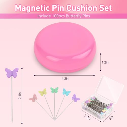 Magnetic Pin Cushion with 100pcs Butterfly Head Straight Pins