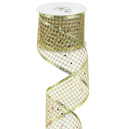 Gold Glitter Christmas Ribbon 2.5 Inch Square Mesh Net Wired Ribbons with Rainbow Sparkle Wired Ribbons Gold Ribbon for Christmas Tree Decoration (30 Foot)
