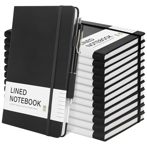12 Set Lined Notebook Journals with Pens A5 Notebooks 100 GSM College Ruled Hardcover Notebook PU Leather Notepad with Pen Holder for Office School