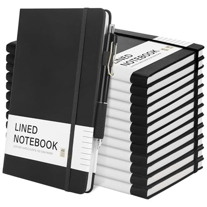 12 Set Lined Notebook Journals with Pens A5 Notebooks 100 GSM College Ruled Hardcover Notebook PU Leather Notepad with Pen Holder for Office School