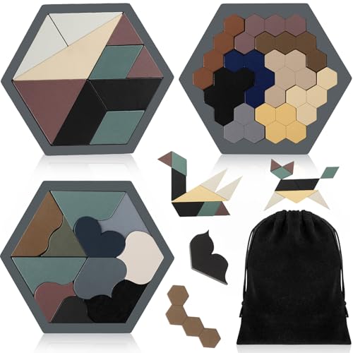 3 Pack Large Wooden Blocks Puzzles Hexagon Tangram Puzzle Wooden Russian Brain Puzzles for Adult Challenge Teasers Geometric Jigsaw Logic Iq STEM Educational Gift Graduation (3 Count)