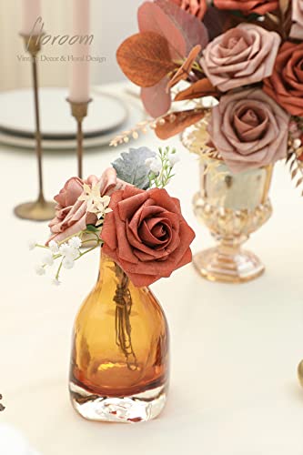 Artificial Flowers 25pcs Real Looking Burnt Orange & Warm Taupe Foam Fake Roses with Stems for DIY Wedding Bouquets Bridal Shower Centerpieces Floral Arrangements Party Tables Home Decorations (33 Count)