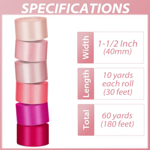 1-1/2 Inch Single-Faced Pink Satin Ribbons for Crafts Gift Wrapping Wedding | 6 Rolls Assorted Ribbons for Flower Bouquet Invitations Bridal Shower Hair Bows Garland Party Decor
