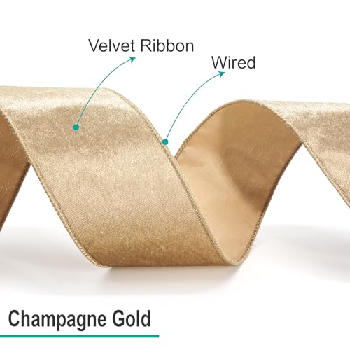 Champagne Gold Velvet Ribbon 2.5 Inch x 10 Yards for Christmas Tree Topper Home Decoration Wreath Gift Wrapping DIY Craft (30 Foot)