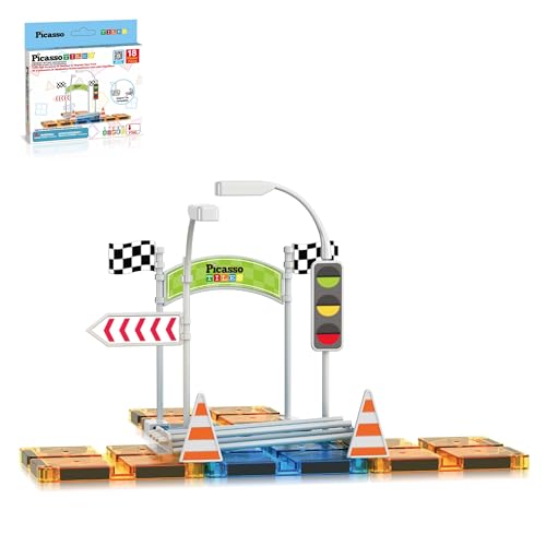 Magnet Tile Compatible Building Race Track Kit Traffic Sign Accessory Stabilizers with Sticker Set STEM Educational Magnets Toddler Racecourse Structure Blocks Add On Ages 3+ PTR01 (18 Count)