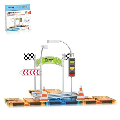 Magnet Tile Compatible Building Race Track Kit Traffic Sign Accessory Stabilizers with Sticker Set STEM Educational Magnets Toddler Racecourse Structure Blocks Add On Ages 3+ PTR01 (18 Count)