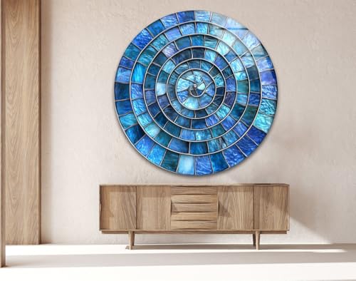 27.5''(70cm) Diameter Blue Aqua Spiral Harmony Round Glass Wall Art Tempered Glass Printing Wall Decor Large Wall Art Wall Hangings