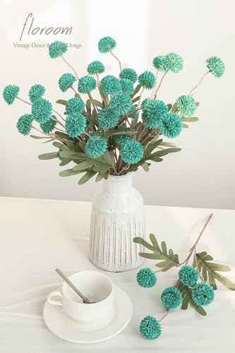 5pcs Teal Green Faux Silk Mums Artificial Flowers (25 Count)