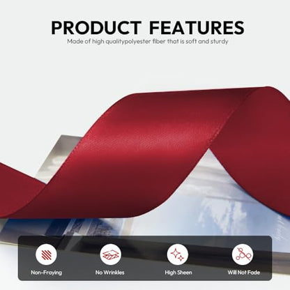 1-1/2 Inch 100 Yards Satin Ribbon Wine Red, Solid Color Fabric Ribbon for Gift Wrapping, Wedding, Polyester Gift Ribbon for Birthday Party Decoration, Craft, Hair, Floral, Sewing (300 Foot)