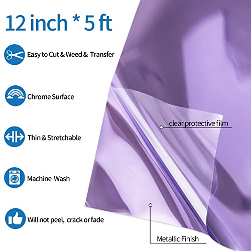 Light Purple Metallic Foil Heat Transfer Vinyl Roll 12" x5ft Light Purple Iron on Vinyl Chrome HTV Vinyl Easy to Cut & Weed DIY Heat Press Design for T