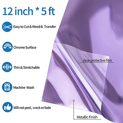 Light Purple Metallic Foil Heat Transfer Vinyl Roll 12" x5ft Light Purple Iron on Vinyl Chrome HTV Vinyl Easy to Cut & Weed DIY Heat Press Design for T