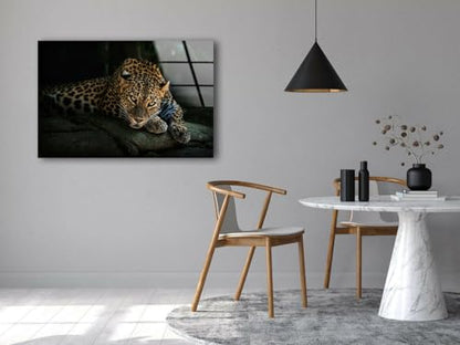 28Wx18H'' Fierce Leopard Glass Wall ArtTempered Glass Printing Wall Decor Large Wall Art Wall Hangings