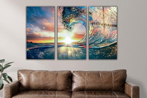 Shining Sun and Waves Printed Tempered Glass Wall Art Painting for Living Room
