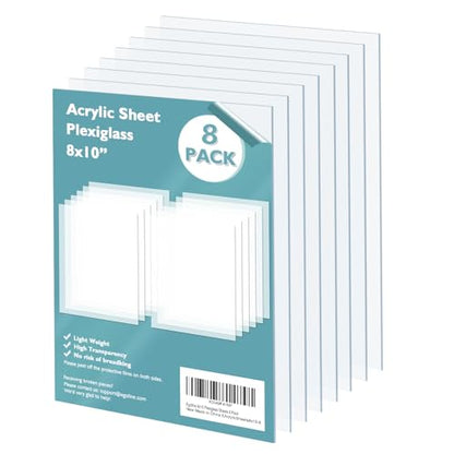 Plexiglass Sheets Acrylic Sheets 8 Pack of 8x10’’ 0.04 Thick Clear Plastic Cast Transparent Plexi Glass for Crafting Projects