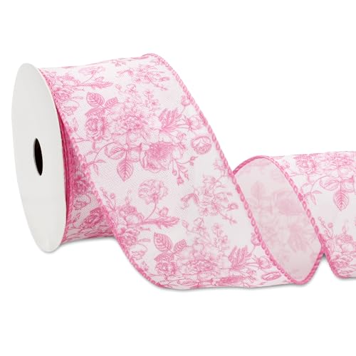 Floral Wired Edge Ribbon Roll Pink Flower Chinoiserie Fabric Ribbon for Wreath Bow Making DIY Crafts Gift Wrapping