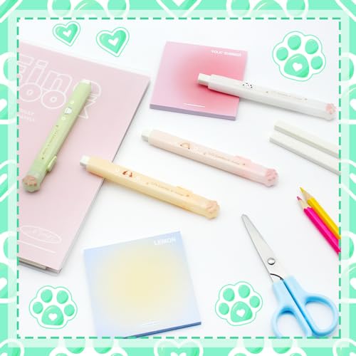Retractable Cat Paw Erasers 4 Pcs with Refillable Rubbers Slim Erasers for Precise Erasing (4 Count)