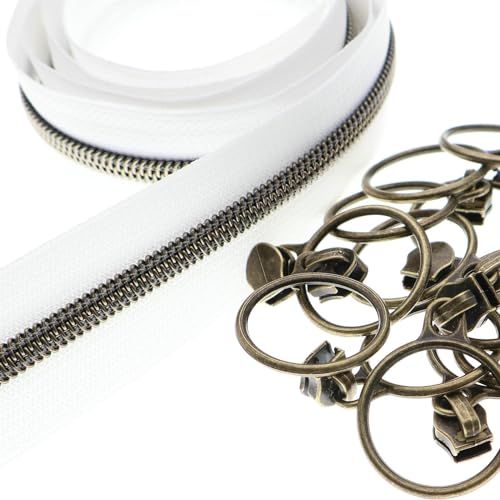 5 Antique Brass Metallic Nylon Coil Zippers by the Yard Bulk 10 Yards White Zipper Tape with 25pcs Antique Brass Ring Pull Sliders for DIY Sewing Tailor Craft Bag