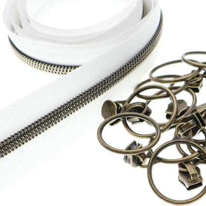 5 Antique Brass Metallic Nylon Coil Zippers by the Yard Bulk 10 Yards White Zipper Tape with 25pcs Antique Brass Ring Pull Sliders for DIY Sewing Tailor Craft Bag