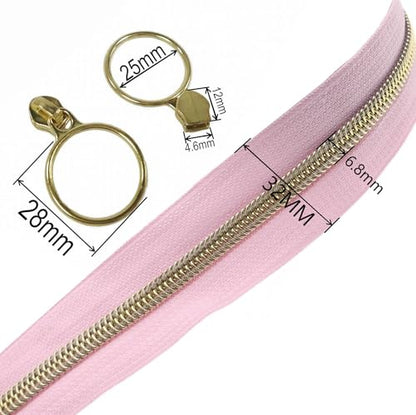 5 Gold Metallic Nylon Coil Zippers by The Yard Bulk 10 Yards Pink Zipper Tape with 25pcs Gold Ring Pull Sliders for DIY Sewing Tailor Craft Bag (25 Count)