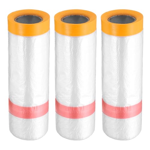 3 Rolls Pre Taped Masking Film 43.3" x32.8ft Double Adhesive Tape and Drape Painters Plastic Drop Cloth Film with Tape Plastic Sheeting for Automotive Painting Covering (3 Count)