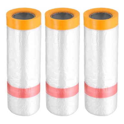 3 Rolls Pre Taped Masking Film 43.3" x32.8ft Double Adhesive Tape and Drape Painters Plastic Drop Cloth Film with Tape Plastic Sheeting for Automotive Painting Covering (3 Count)