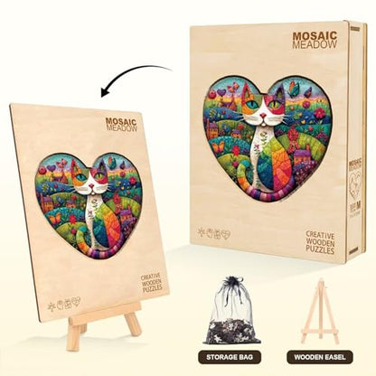 Mosaic Meadow Cat Puzzles Adults Gifts for Women Men Wooden 90 Pieces 8.5 x 7.2in