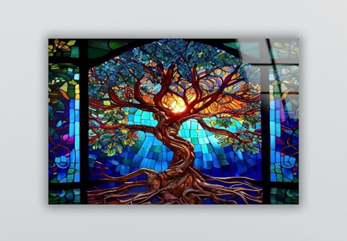 60WX40H'' Stained Blue Life of Tree Glass Wall ArtTempered Glass Printing Wall Decor Large Wall Art Wall Hangings