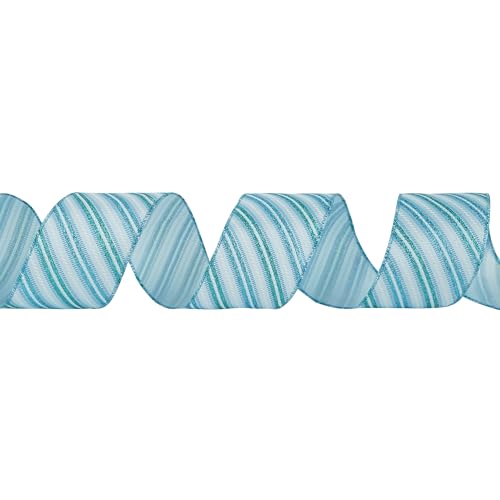 Blue Diagonal Stripe Ribbon 2.5 Inch Blue Satin with Turquoise and Teal Glitter Wired Ribbon for Wreath Bow (30 Foot)
