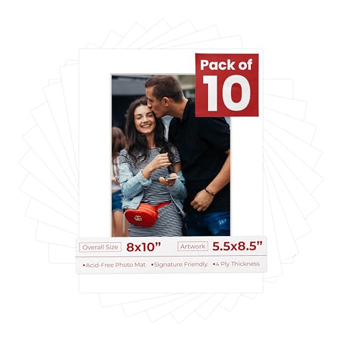 Pack of Ten Acid Free 8x10 Mats Bevel Cut for 5.5x8.5 Photos (10 Count)