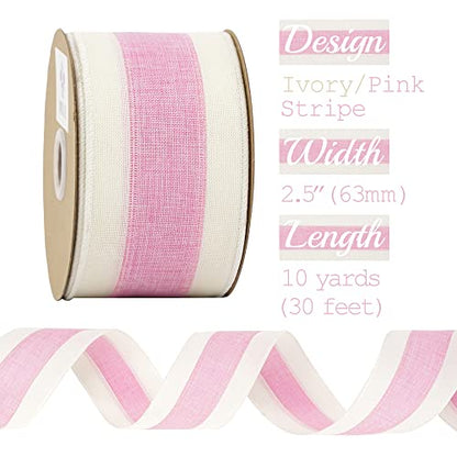 Pink White Stripe Wired Burlap Ribbon with Ivory Stripes Edge (30 Foot)