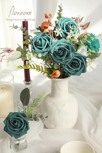 Artificial Flowers 25pcs Real Looking Dark Teal Foam Fake Roses with Stems for DIY Wedding Bouquets Bridal Shower Centerpieces Floral Arrangements Party Tables Home Decorations (25 Count)