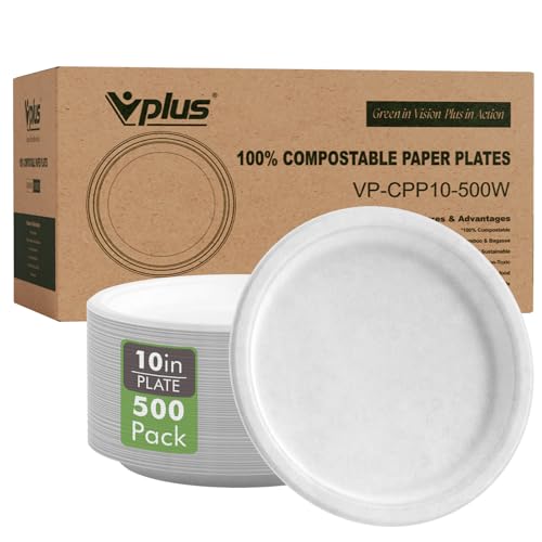 500 Pack Compostable Bagasse Paper Plates 10.25 inch (500 Count)