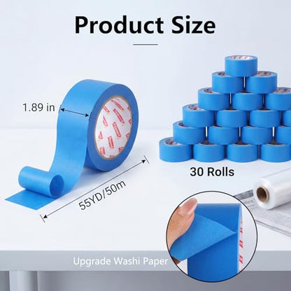 30 Rolls Blue Painters Tape 2 Inch Wide Bulk Masking Tape for Wall Painting
