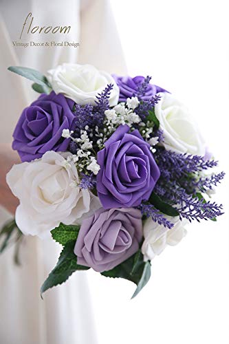 Artificial Flowers 25pcs Real Looking Violet Purple Ombre Colors Foam Fake Roses with Stems for DIY Wedding Bouquets Bridal Shower Centerpieces Party Tables Home Decorations (25 Count)