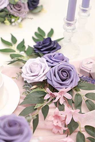 Artificial Flowers 25pcs Real Looking Lavender Purple Ombre Colors Foam Fake Roses with Stems for DIY Wedding Bouquets Bridal Shower Floral Centerpieces Party Tables Home Decorations (25 Count)