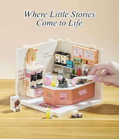 Bubble Tea Shop DIY Miniature House Kit with Roof & LED Light