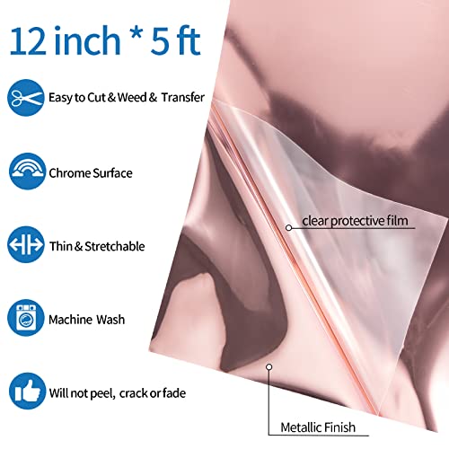 Rose Gold Metallic Foil Heat Transfer Vinyl 12" x5ft Rose Gold HTV Vinyl Roll Chrome Iron on Vinyl Easy to Cut & Weed DIY Heat Press Design for T