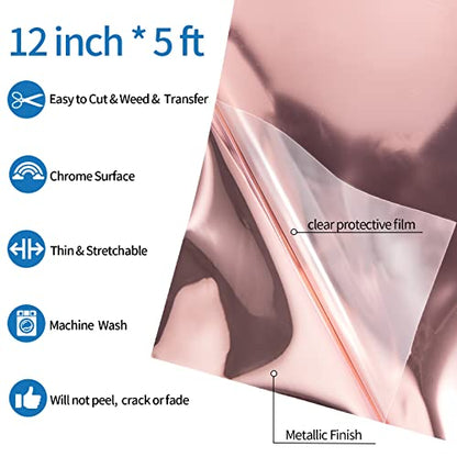 Rose Gold Metallic Foil Heat Transfer Vinyl 12" x5ft Rose Gold HTV Vinyl Roll Chrome Iron on Vinyl Easy to Cut & Weed DIY Heat Press Design for T
