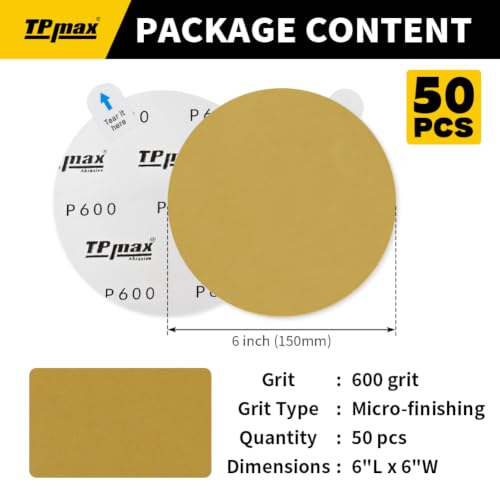6-Inch 600-Grit Gold PSA Sanding Discs, 50 Pack – Pro-Grade Self-Adhesive Stickyback Sandpaper with Quick-Release Tabs for DA Sander, Micro-Finishing Automotive/Wood/Metal Sanding (50 Count)