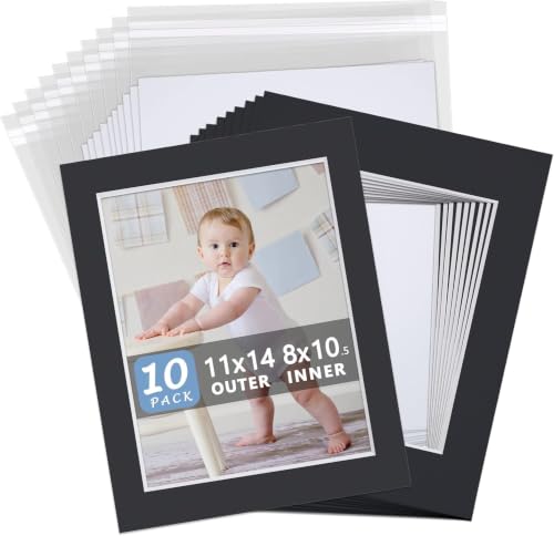 10 Pack 11x14 Black Picture Mat Kit for 8.5x11 Photo with Bevel Cut