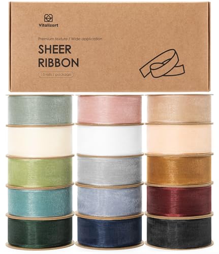 1" x 150Yd Organza Ribbon Assorted Bulk Pack for Gift Wrapping (15 Count)
